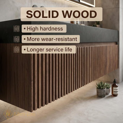 60''-96'' Double Bathroom Vanity with Sink Warm-Walnut Modern Floating Open Shelving