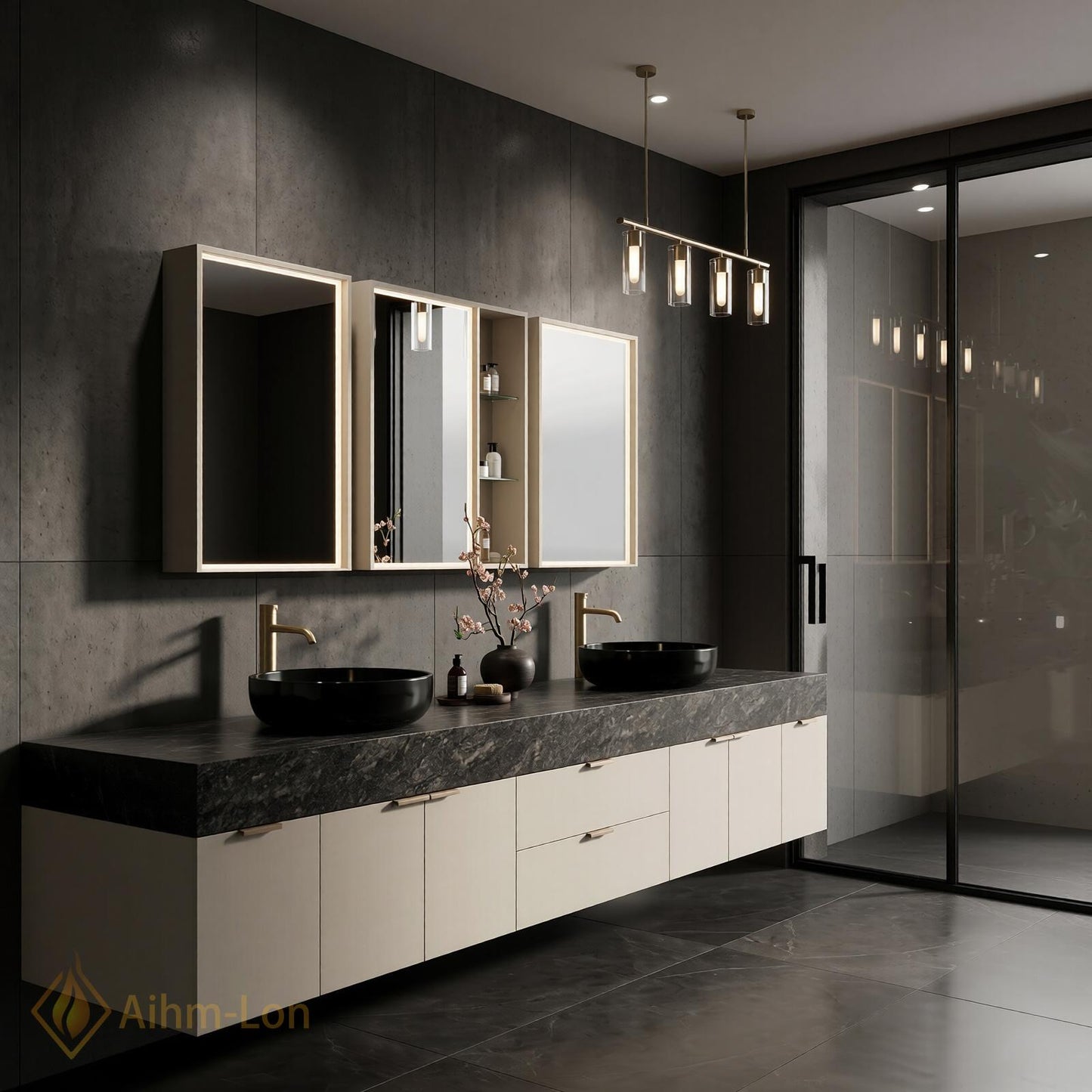 78''-96'' Double Bathroom Vanity with Sink Modern Floating Dark Walnut Slatted Panel