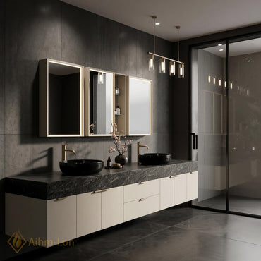 78''-96'' Double Bathroom Vanity with Sink Modern Floating Dark Walnut Slatted Panel