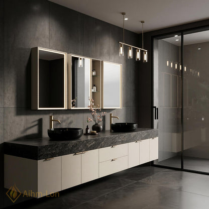 78''-96'' Double Bathroom Vanity with Sink Modern Floating Dark Walnut Slatted Panel