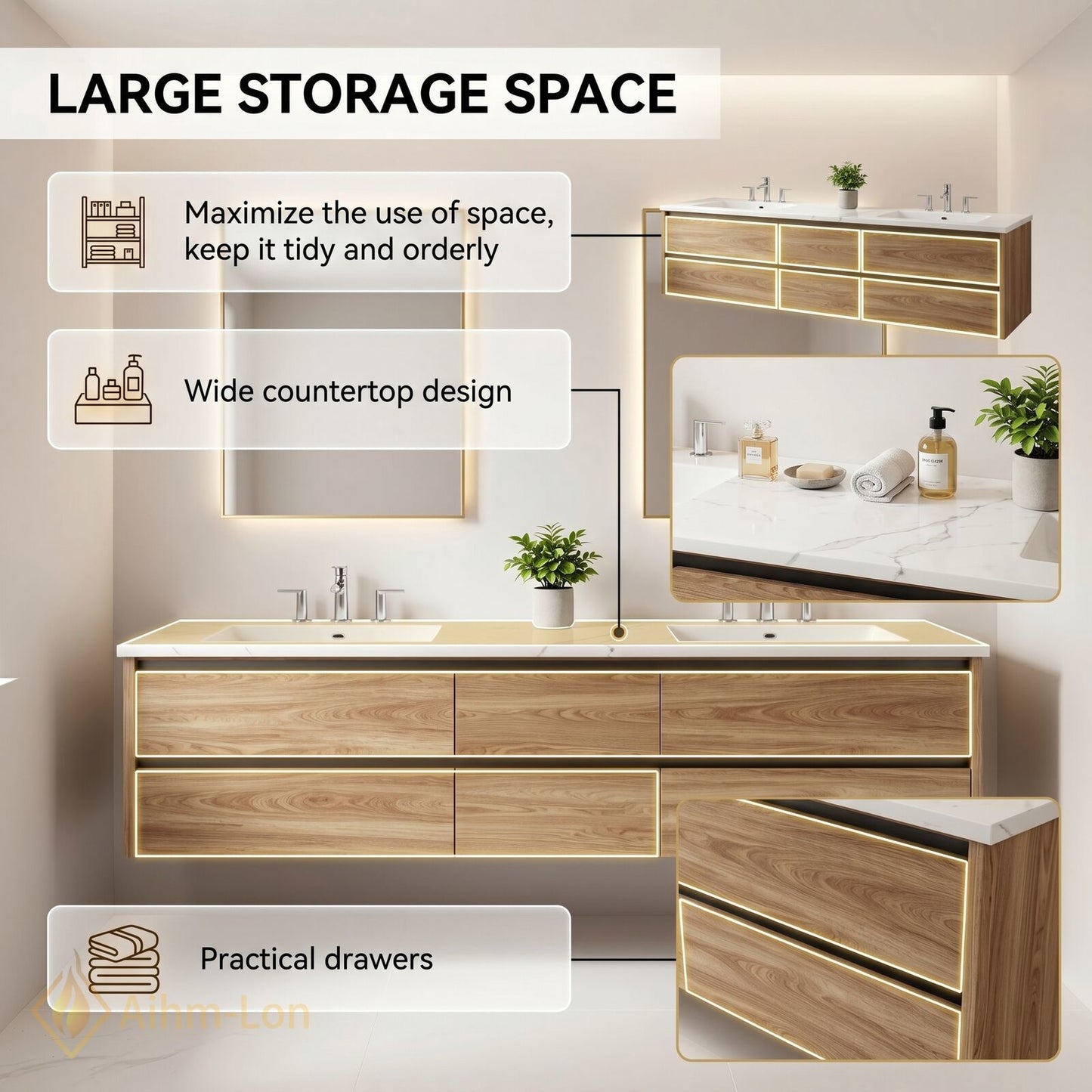 60''-96'' Modern Bathroom Vanity with Sink Floating Marble Drawers Illuminated Mirror