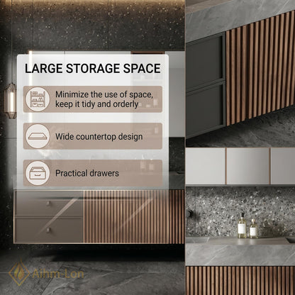 60''-96'' Double Bathroom Vanity with Sink Sleek Dark Grey Stone Central Slatted