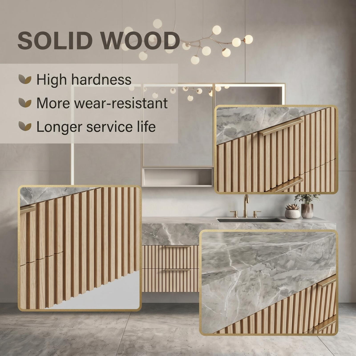 60''-96'' Double Bathroom Vanity with Sink Modern Floating Grey Marble Look Slatted Panel