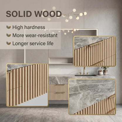 60''-96'' Double Bathroom Vanity with Sink Modern Floating Grey Marble Look Slatted Panel