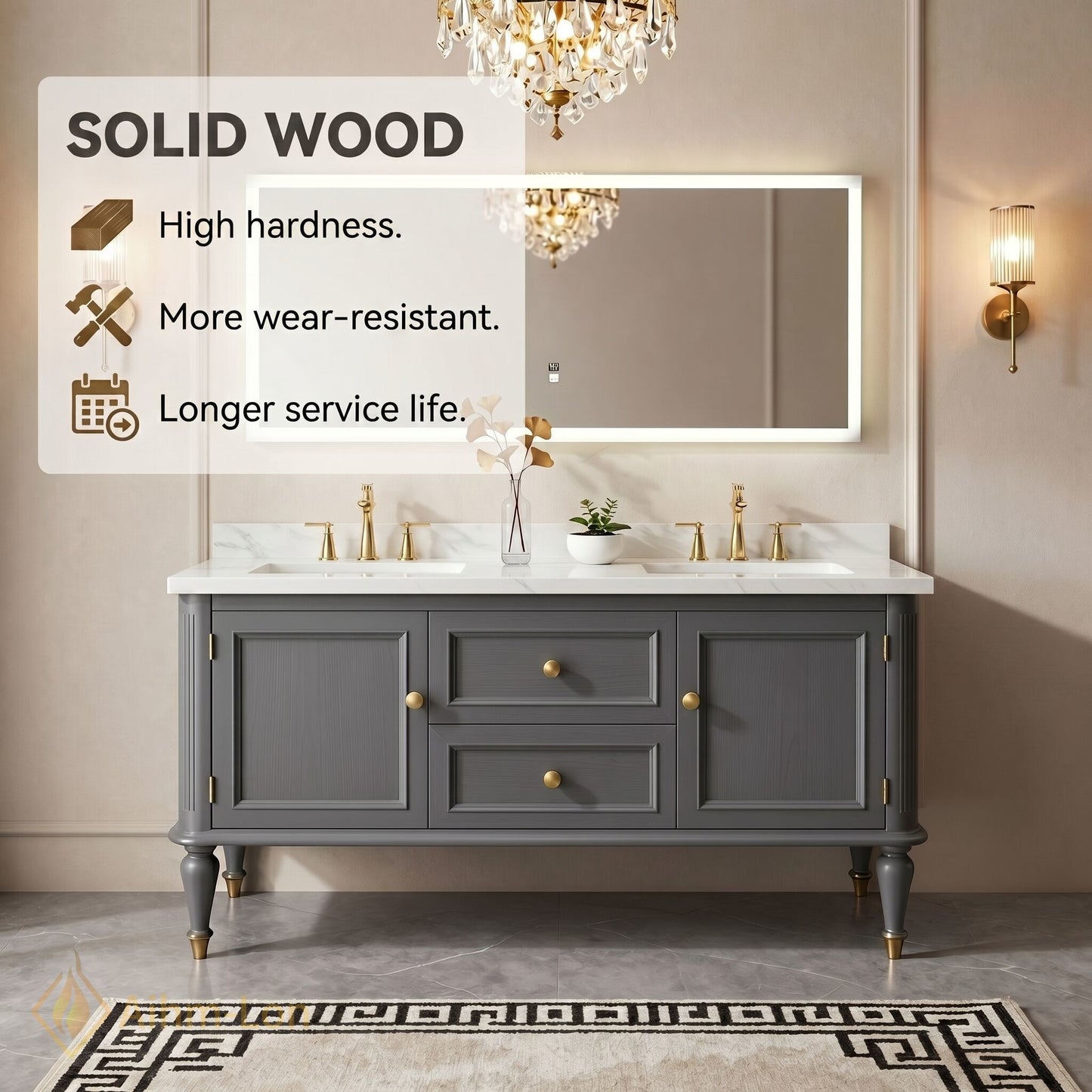 60''-96'' Double Bathroom Vanity with Sink Marble Top Drawers Cabinet Frameless Mirror