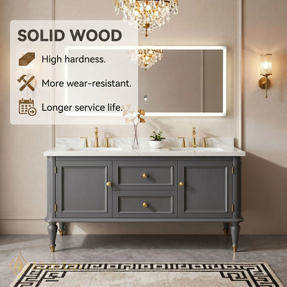 60''-96'' Double Bathroom Vanity with Sink Marble Top Drawers Cabinet Frameless Mirror