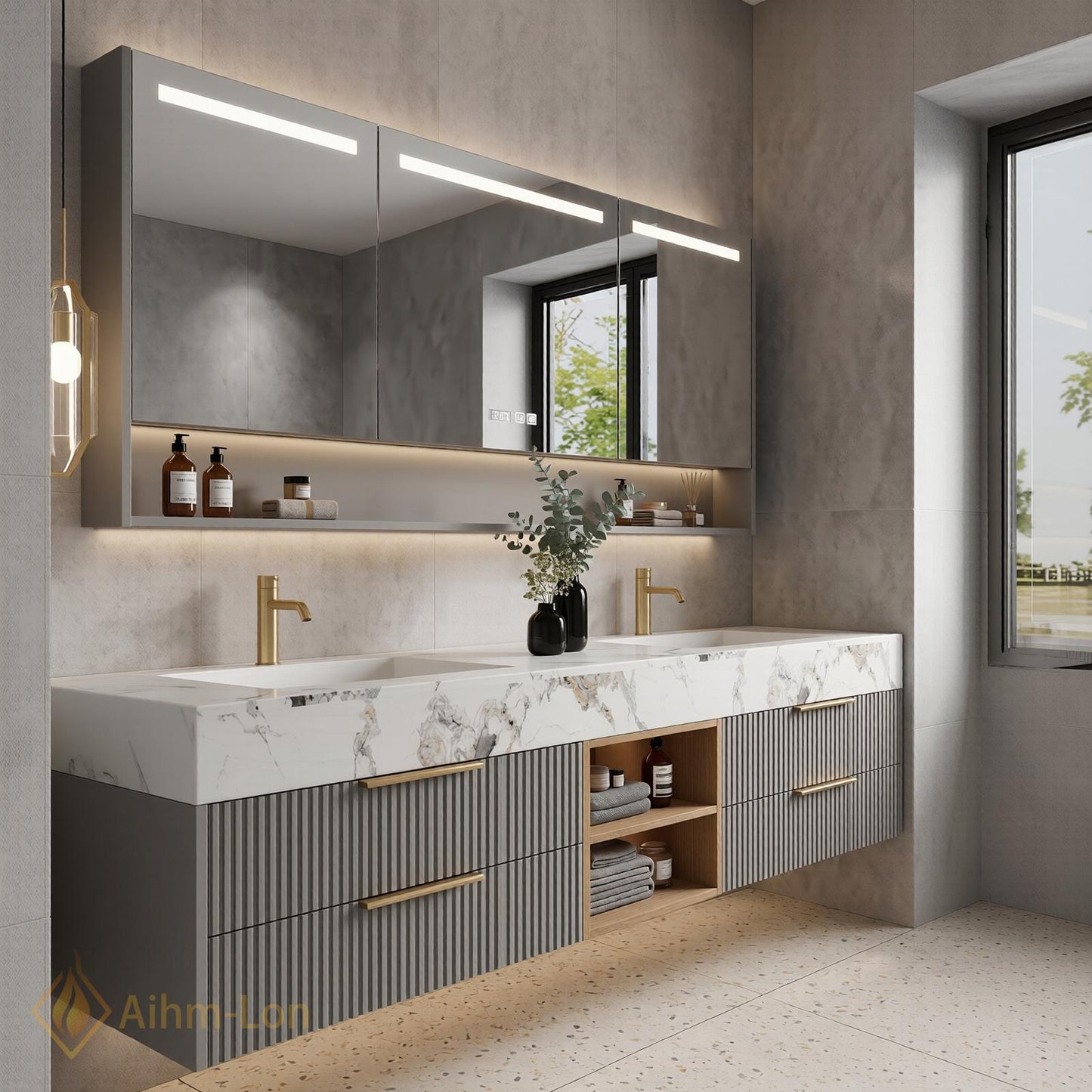 60''-96'' Double Bathroom Vanity with Sink Modern Floating Basin Fluted Drawers Open