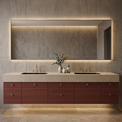 60''-96'' Double Bathroom Vanity with Sink Warm Slatted Drawers Countertop Open Shelving
