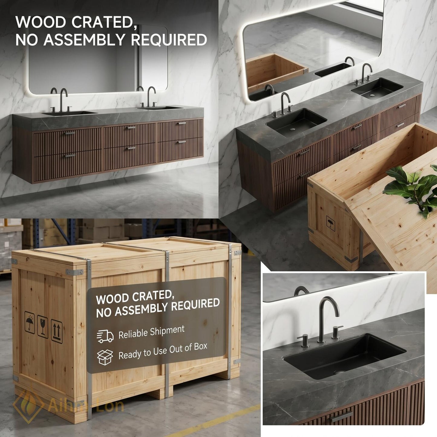 60''-96'' Double Bathroom Vanity with Sink Dark Grey Floating Stone-Top Slatted