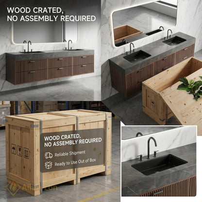 60''-96'' Double Bathroom Vanity with Sink Dark Grey Floating Stone-Top Slatted