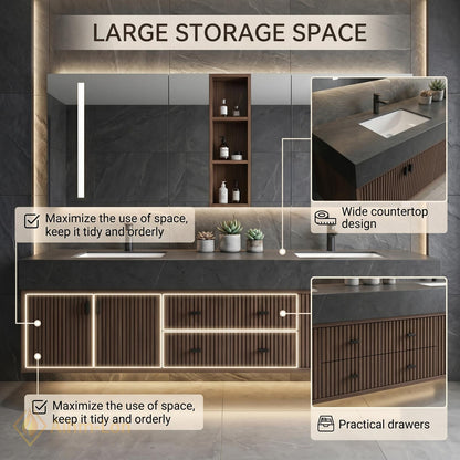 60''-96'' Double Bathroom Vanity with Sink Floating Dark Walnut Slats Open Center