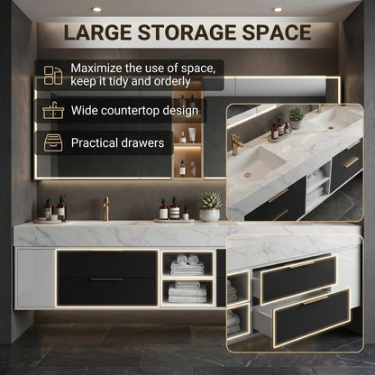 60''-96'' Modern Bathroom Vanity with Sink Double White Marble-Look Stone Top Cabinet
