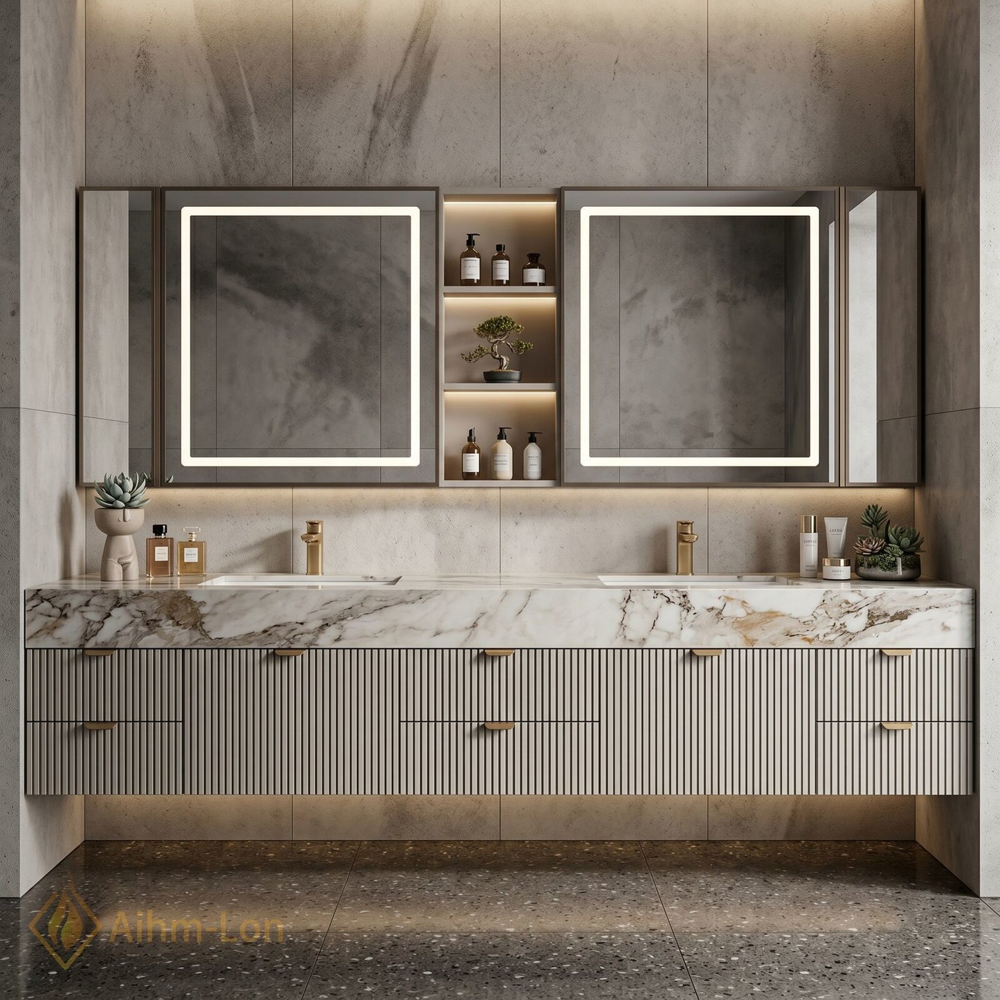 76''-96'' Double Bathroom Vanity with Sink Slatted Front Panel Marble Texture Top