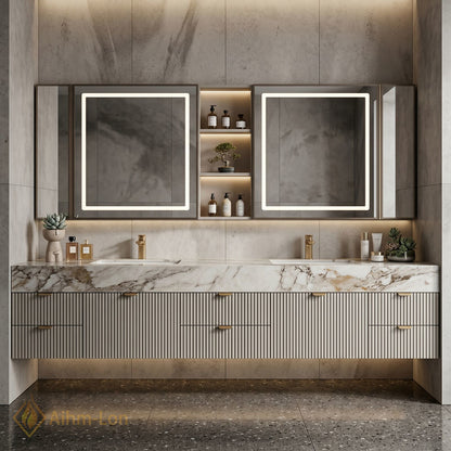 76''-96'' Double Bathroom Vanity with Sink Slatted Front Panel Marble Texture Top