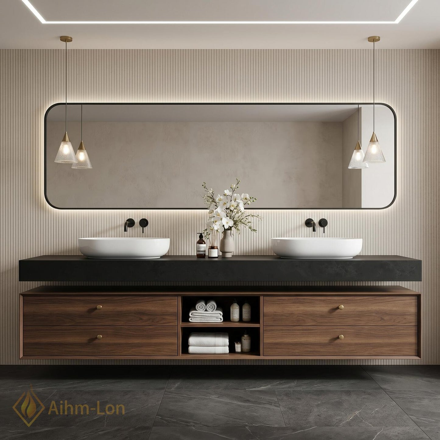 60''-96'' Double Bathroom Vanity with Sink Dark-Walnut Walnut Floating Modern Slatted Open-Shelving