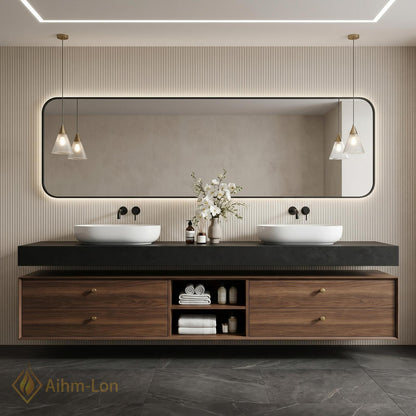 60''-96'' Double Bathroom Vanity with Sink Dark-Walnut Walnut Floating Modern Slatted Open-Shelving