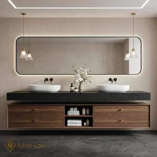 60''-96'' Double Bathroom Vanity with Sink Dark-Walnut Walnut Floating Modern Slatted Open-Shelving
