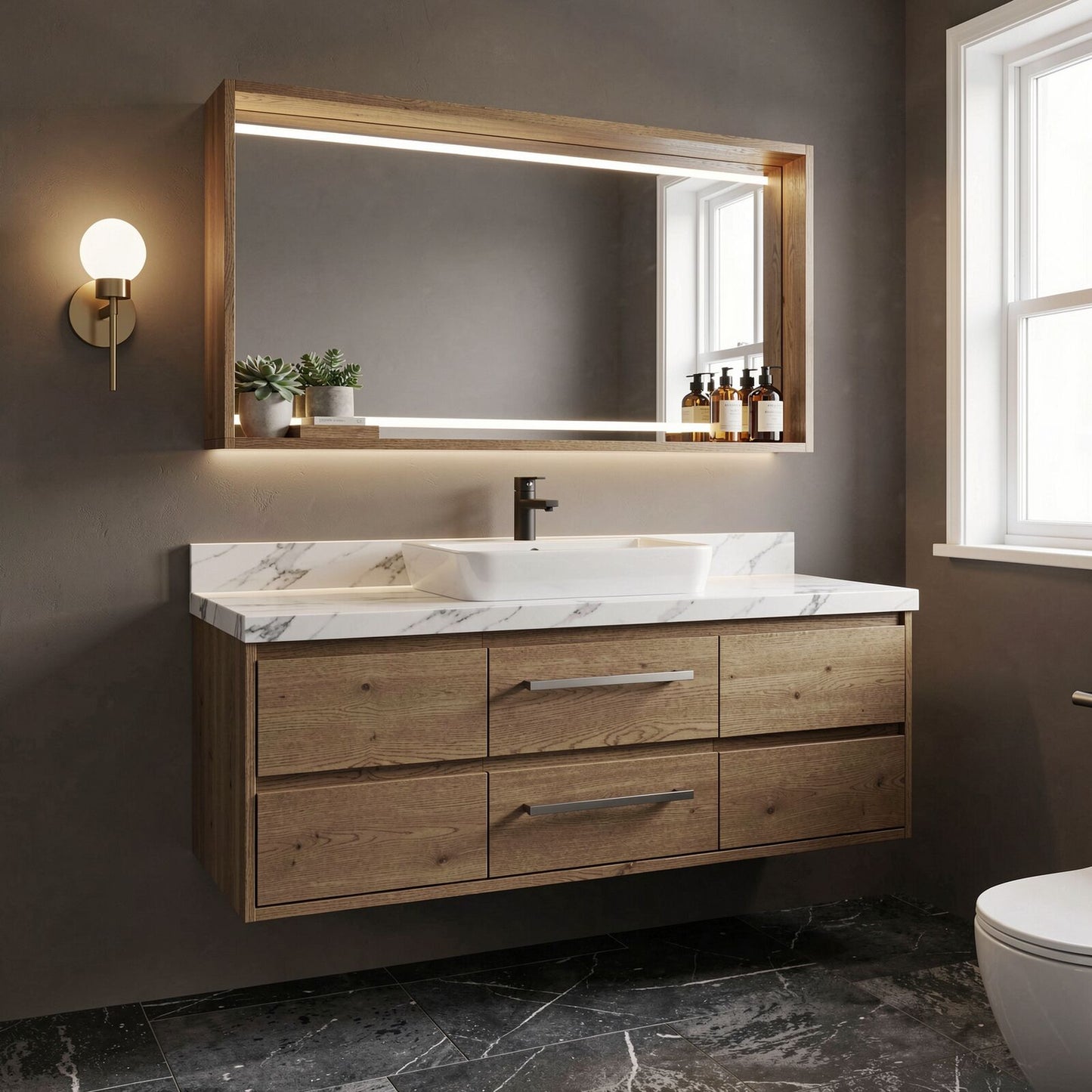 36''-64'' Floating Bathroom Vanity with Sink Wall-Mounted Wooden Marble Stone LED Mirror
