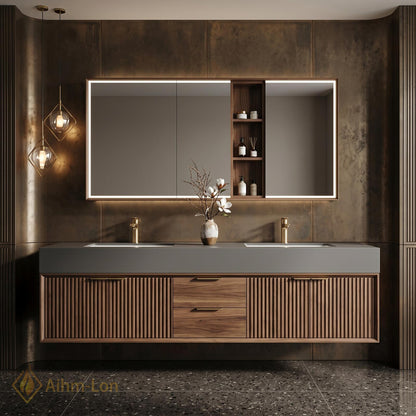 60''-96'' Double Bathroom Vanity with Sink Grey Stone Top Slatted Wood Finish