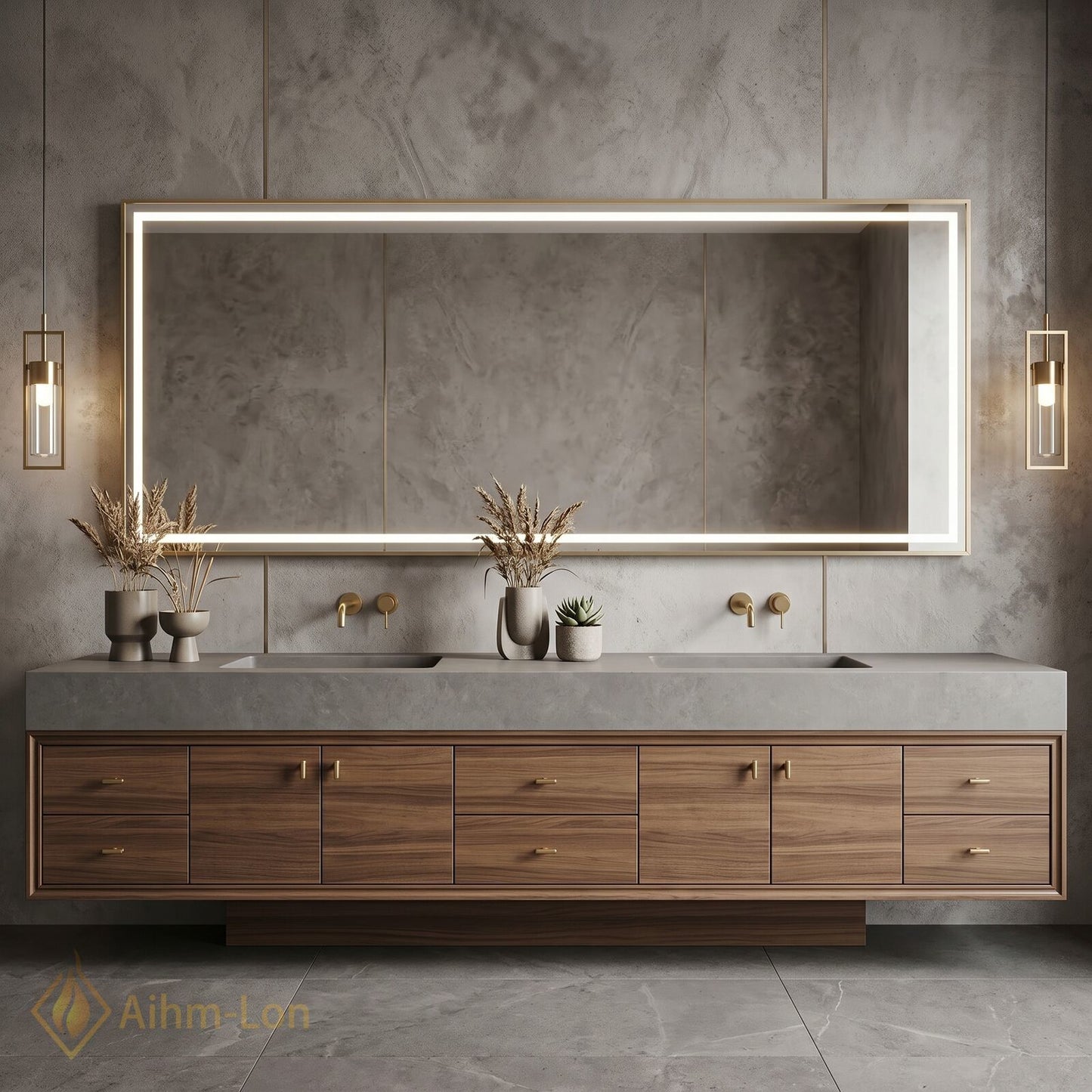 76''-96'' Double Bathroom Vanity with Sink Grey Modern Wood-Grain Sets Concrete Countertop