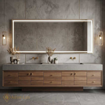 76''-96'' Double Bathroom Vanity with Sink Grey Modern Wood-Grain Sets Concrete Countertop
