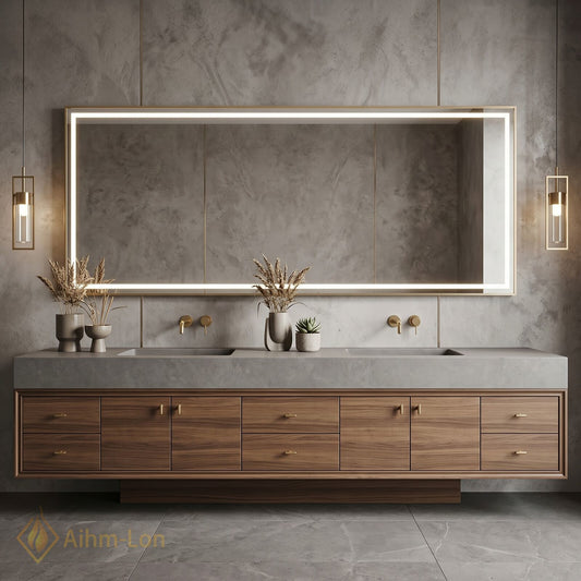 76''-96'' Double Bathroom Vanity with Sink Grey Modern Wood-Grain Sets Concrete Countertop