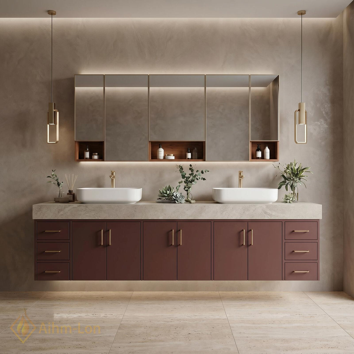 76''-96'' Bathroom Vanity with Sink Floating Double Stone Top Taupe Finish Spacious
