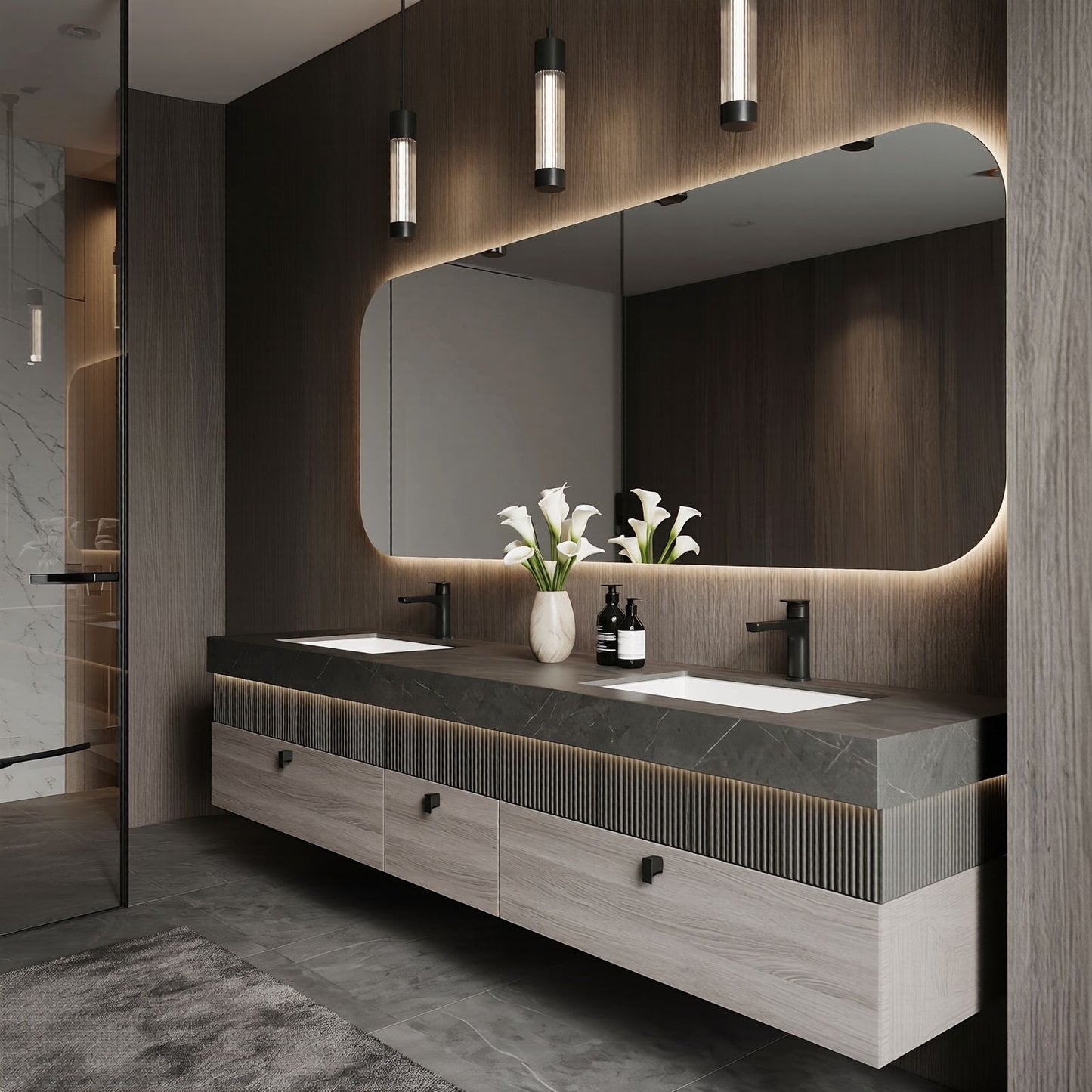 60''-96'' Double Bathroom Vanity with Sink Textured Slatted Front Light Wood Grain Cabinet