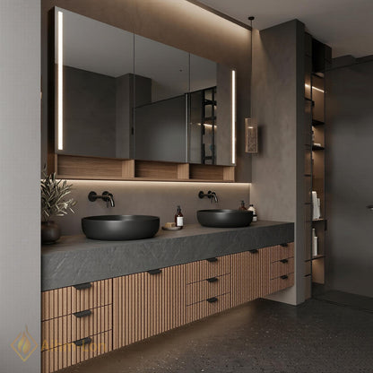 60''-96'' Double Bathroom Vanity with Sink Floating Dark Stone Top Slatted Doors