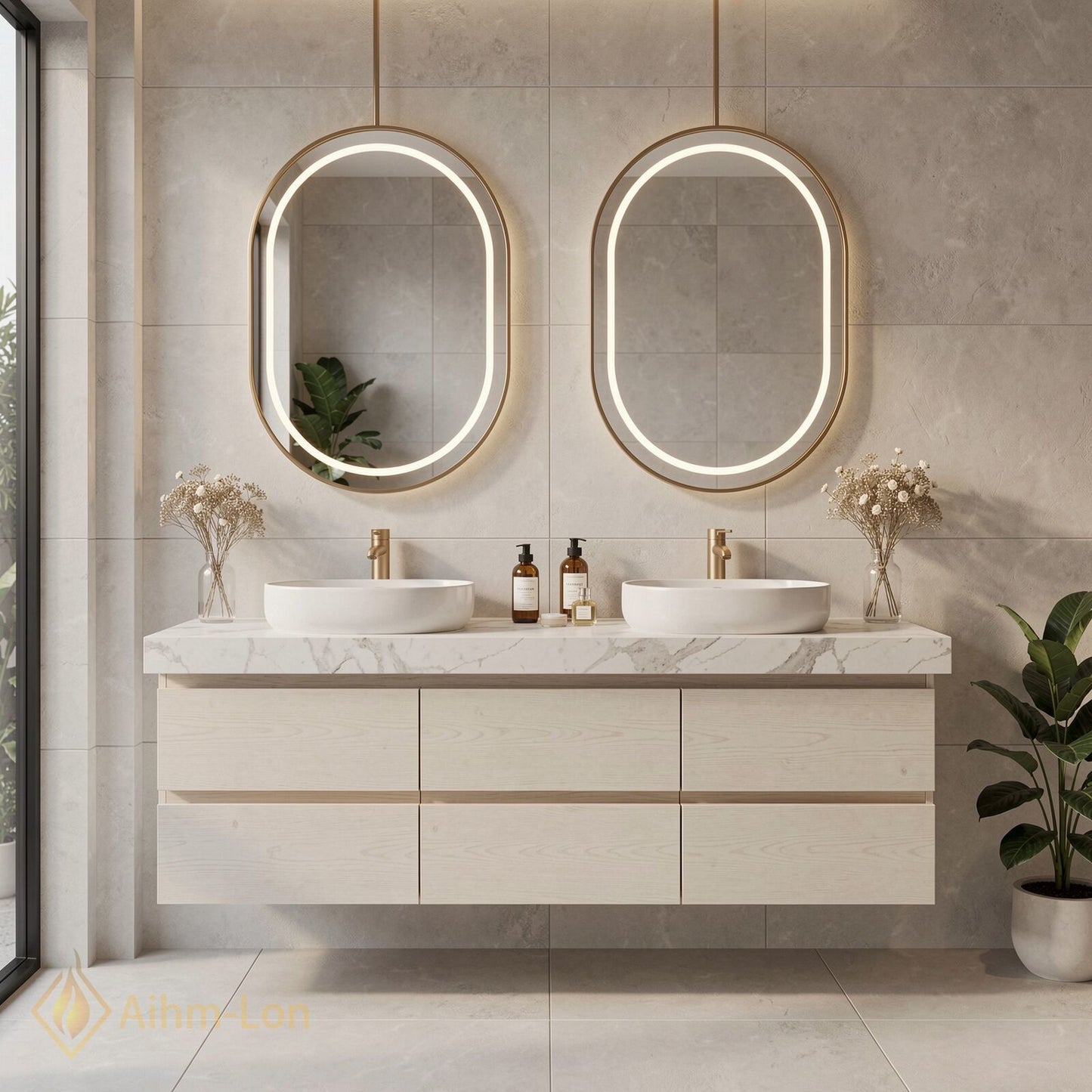 60''-96'' Modern Bathroom Vanity with Sink Floating White Marble Anti-Fog Light Drawers