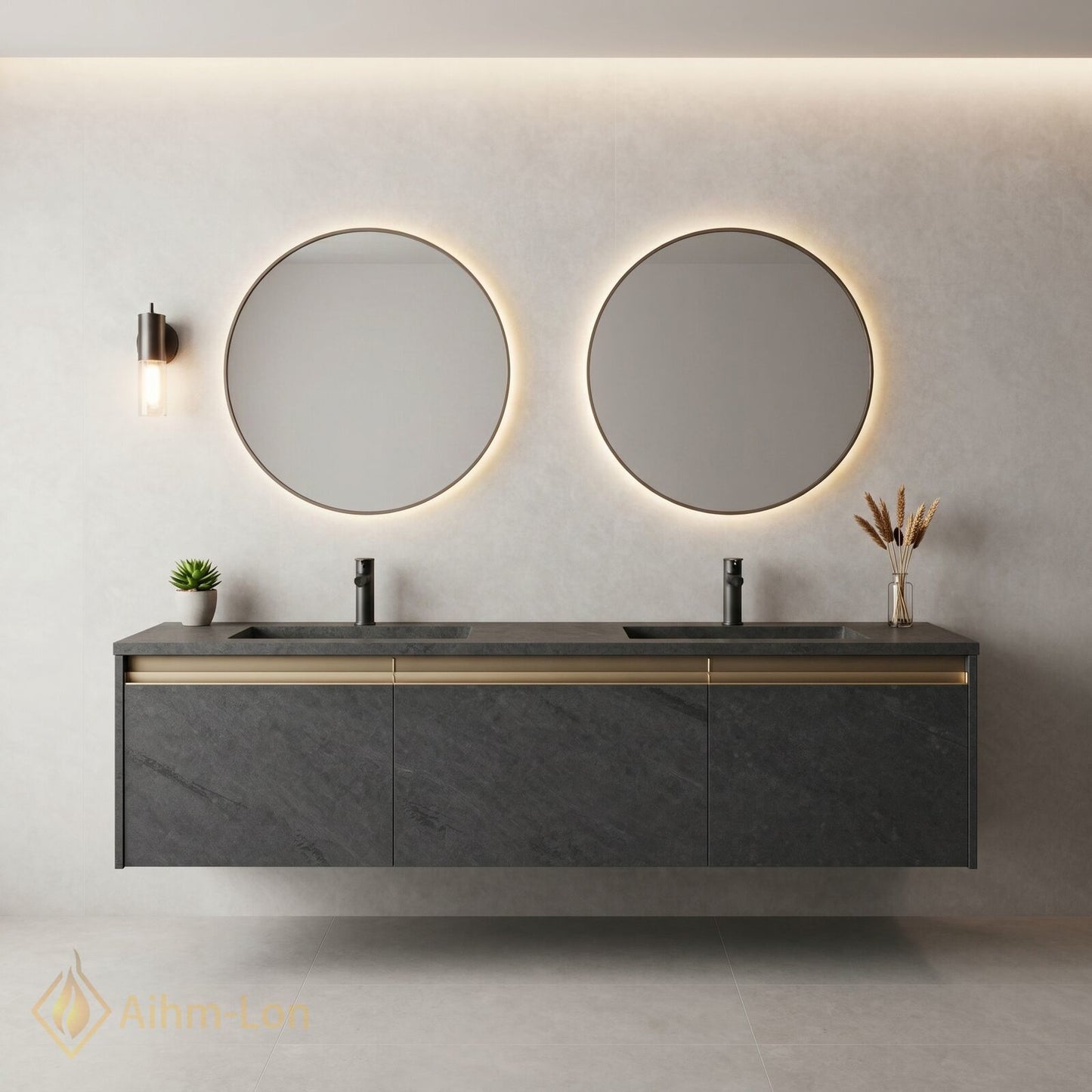 60''-96'' Floating Bathroom Vanity with Sink Dual Basin Grey Marble Finish Gold Mirrors