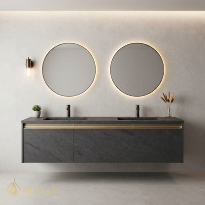 60''-96'' Floating Bathroom Vanity with Sink Dual Basin Grey Marble Finish Gold Mirrors