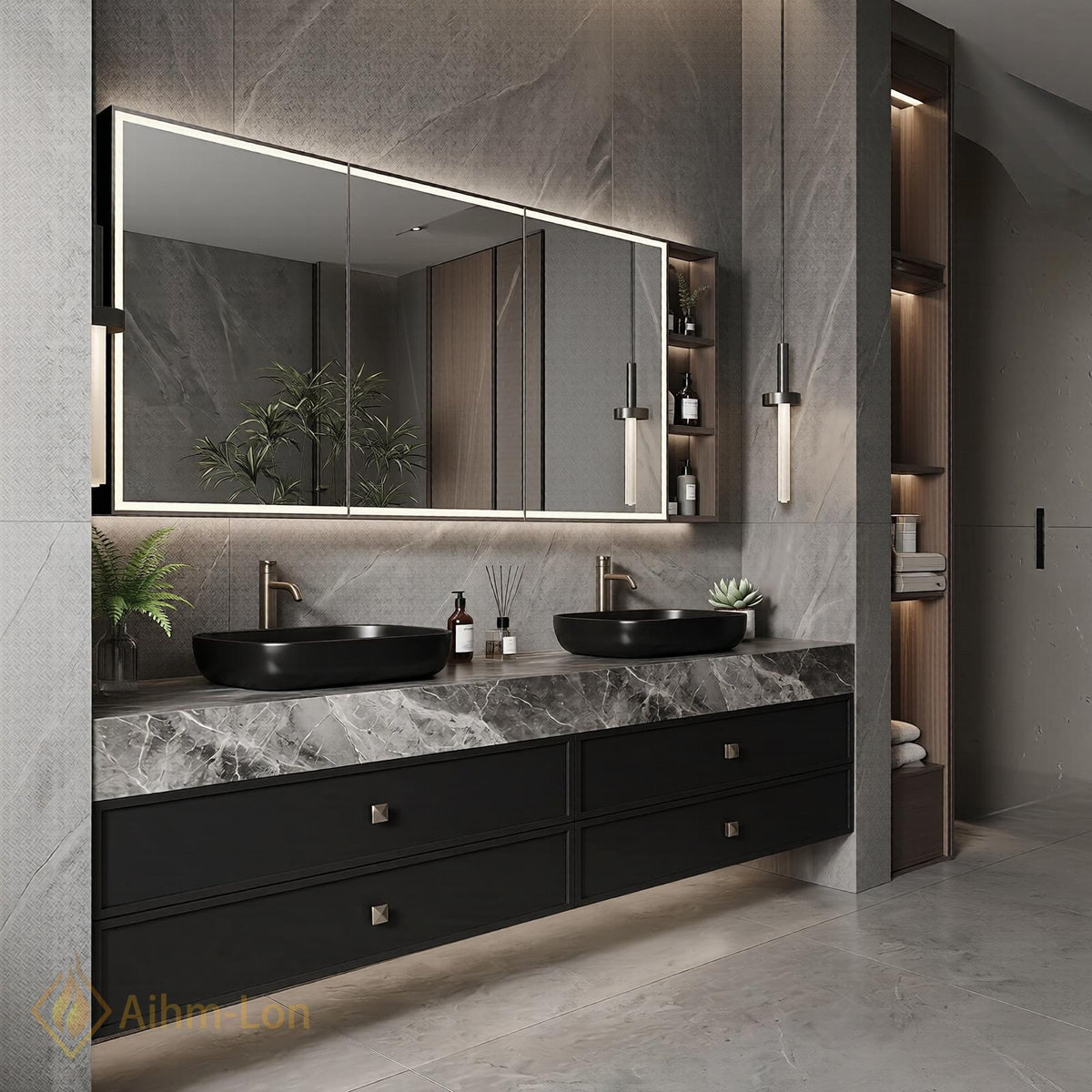 60''-96'' Double Bathroom Vanity with Sink Warm Walnut Finish Slatted Front Doors
