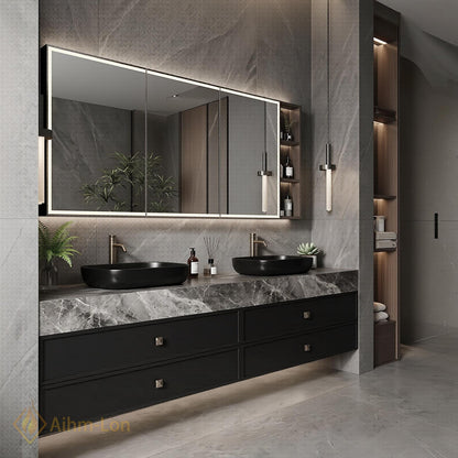 60''-96'' Double Bathroom Vanity with Sink Warm Walnut Finish Slatted Front Doors