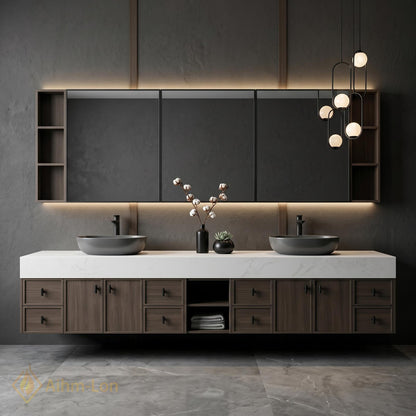60''-96'' Double Bathroom Vanity with Sink Modern Floating White Stone Top Dark