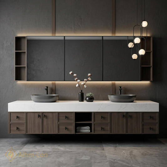 60''-96'' Double Bathroom Vanity with Sink Modern Floating White Stone Top Dark