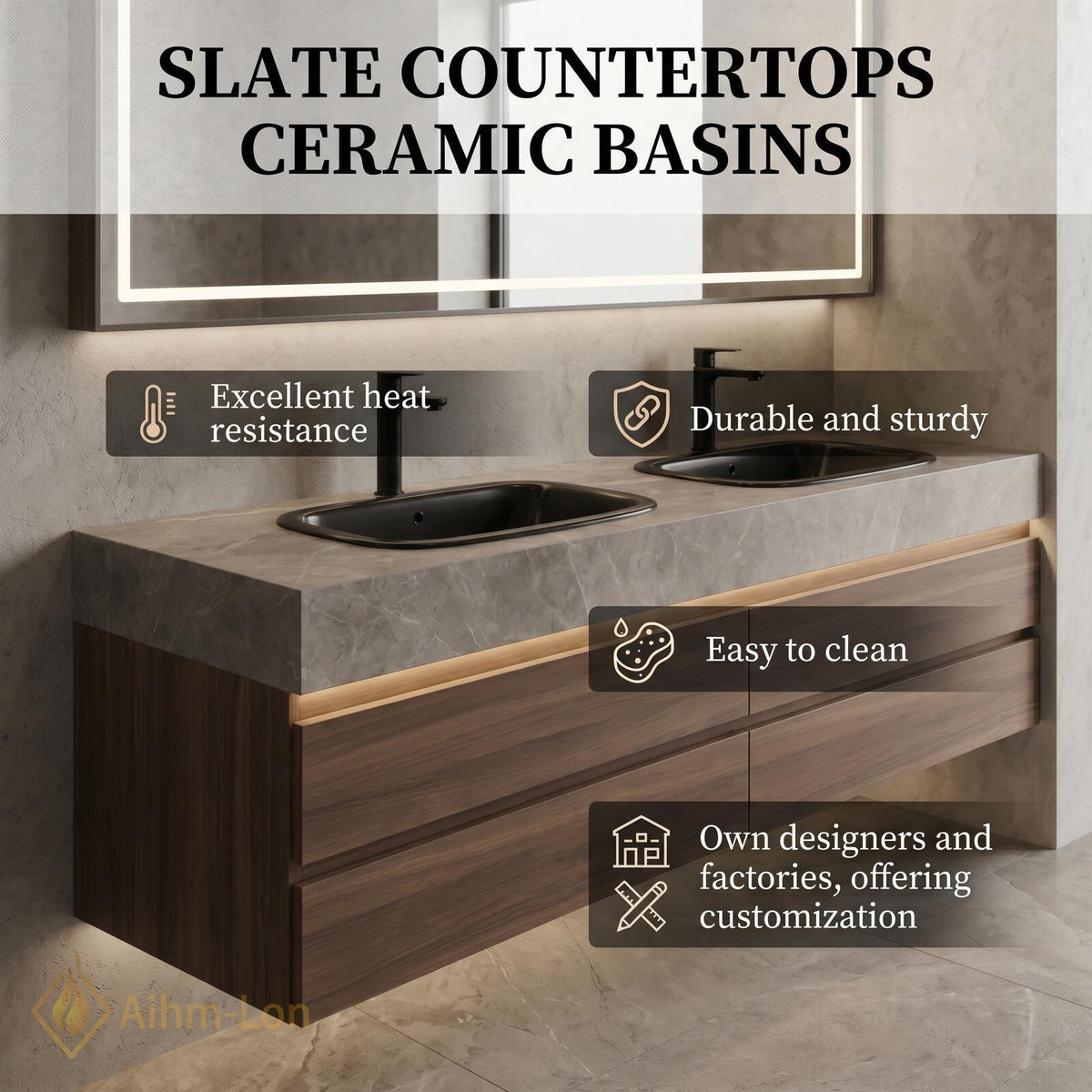 60''-96'' Double Bathroom Vanity with Sink Sleek Floating Grey Stone Top Dark