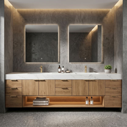 70''-96'' Modern Bathroom Vanity with Sink Wide Floating Base Solid Wood Cabinet