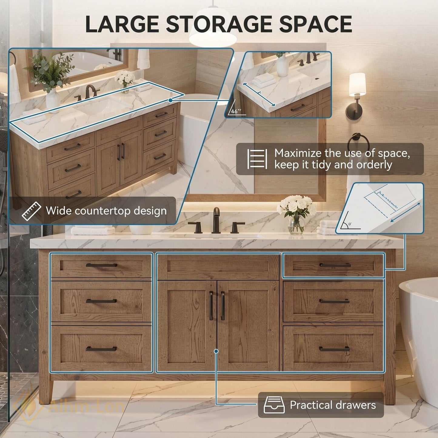 48''-64'' Modern Bathroom Vanity with Sink Marble Wood Grain Black Hardware Drawers