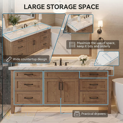 48''-64'' Modern Bathroom Vanity with Sink Marble Wood Grain Black Hardware Drawers