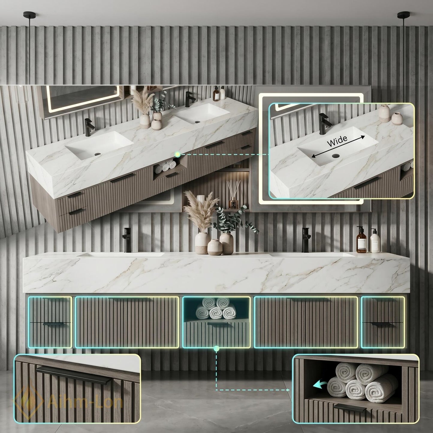 70''-96'' Double Bathroom Vanity with Sink Vertical Slatted Front White Marble Top