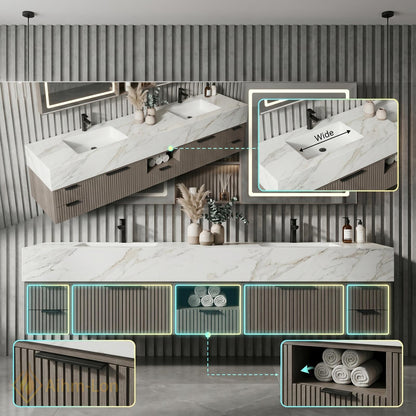 70''-96'' Double Bathroom Vanity with Sink Vertical Slatted Front White Marble Top