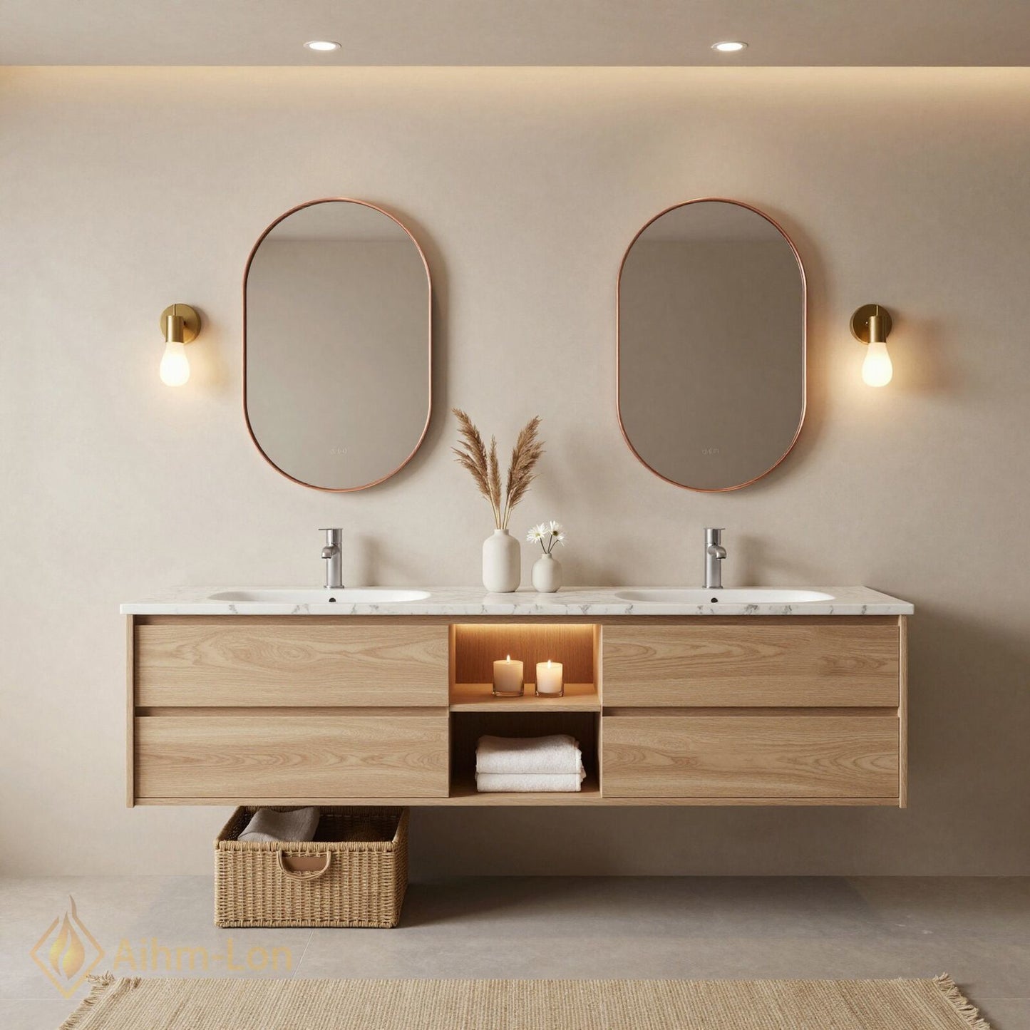 60''-96'' Floating Bathroom Vanity with Sink Double Sink Solid Wood Grain Open Shelving