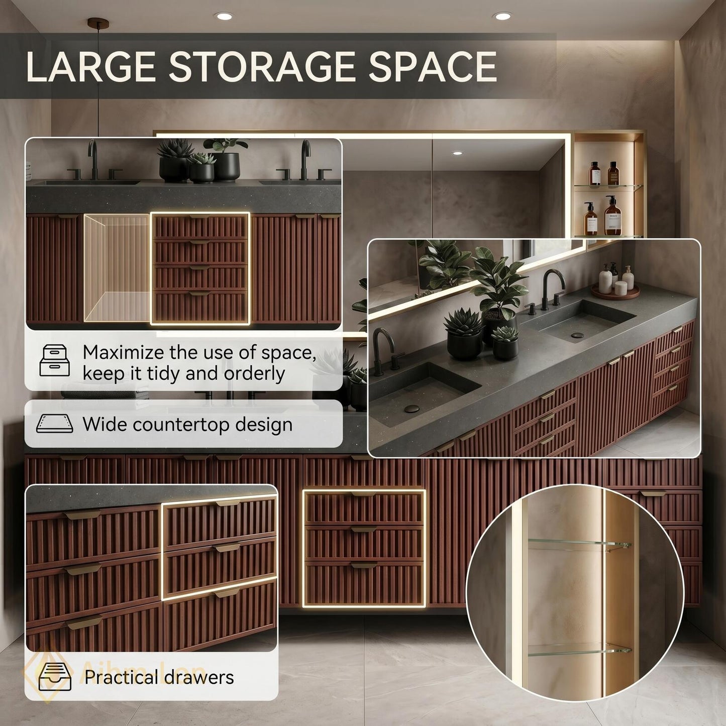 70''-96'' Modern Double Bathroom Vanity with Sink Vertical Slats Dark Finish Cabinet