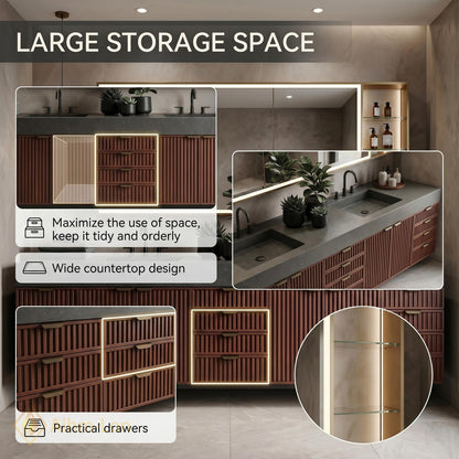 70''-96'' Modern Double Bathroom Vanity with Sink Vertical Slats Dark Finish Cabinet