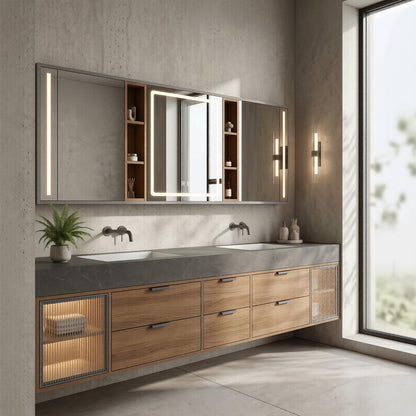 70''-96'' Modern Bathroom Vanity with Sink Double Sink Slatted Door Warm Wood Grain Cabinet