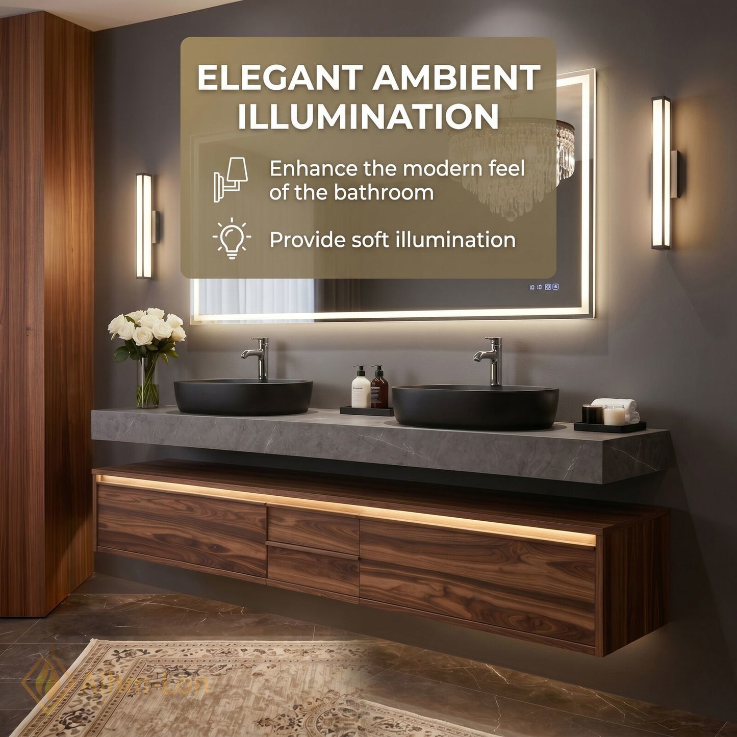 60''-96'' Double Bathroom Vanity with Sink Floating Cabinet Walnut Finish LED Mirror Spacious