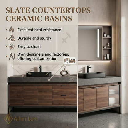 60''-96'' Double Bathroom Vanity with Sink Dark Stone Top Wood Grain Drawers