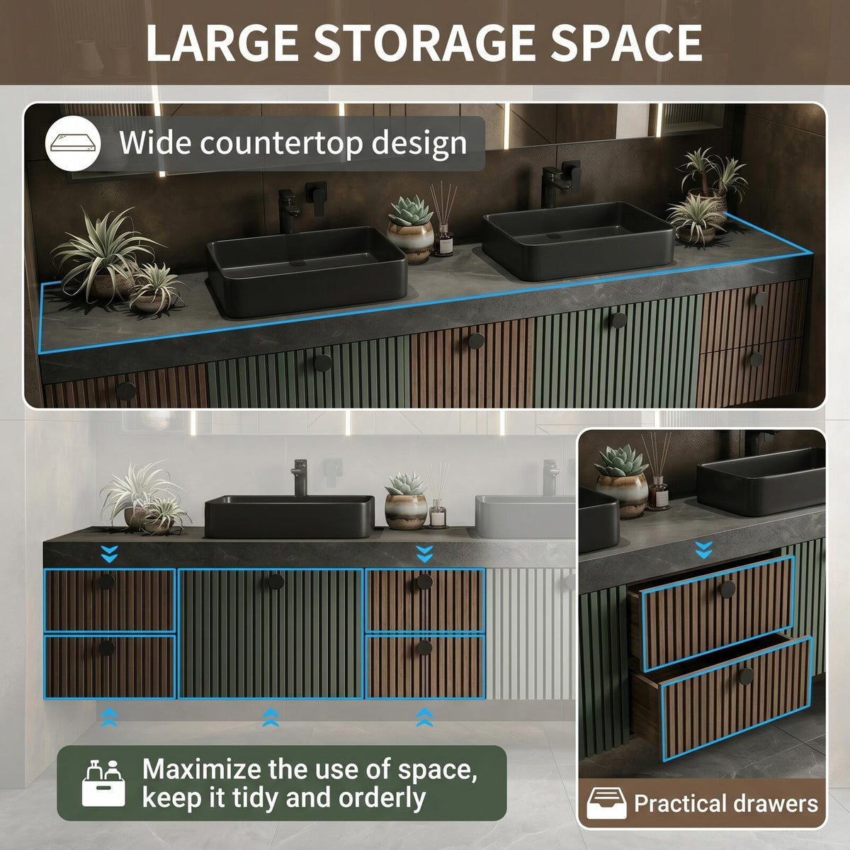 60''-96'' Double Bathroom Vanity with Sink Modern Floating Two-Tone Slatted Open Shelving