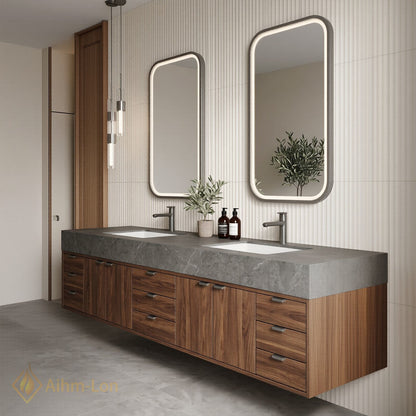 78''-96'' Double Bathroom Vanity with Sink Dark Walnut Slatted Center Drawer Storage